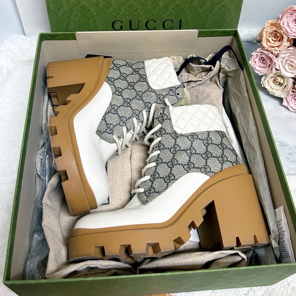 Aurhentic Gucci Supreme Monogram Trip Combat Heeled Boots - Picture 14 of 15